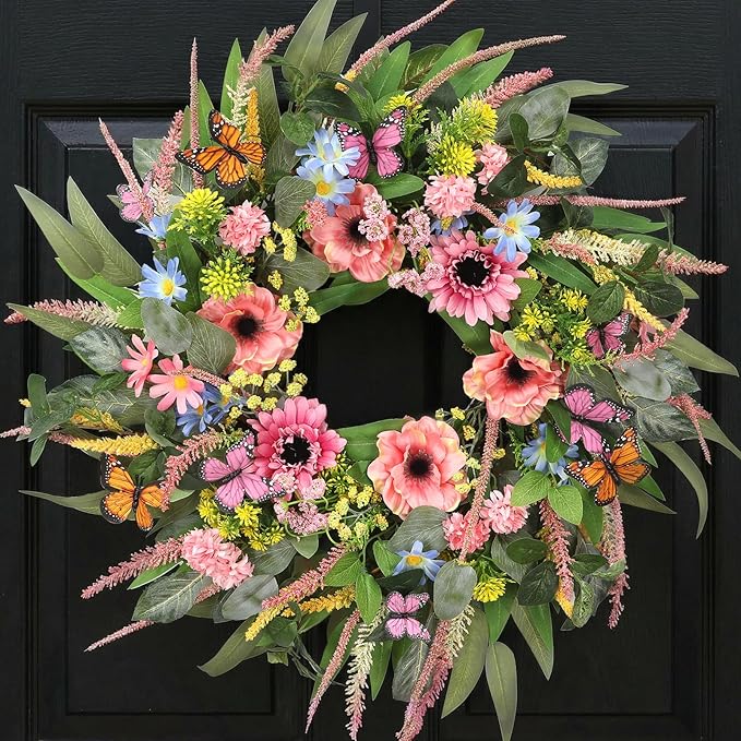 Wreaths for Front Door 26 Inch Spring Summer Wreath with Eucalyptus Leaves Pink Blooms Butterfly,for Year-Round Use Indoors and Outdoors as Wall, Door, Window, Party and Wedding Decorations