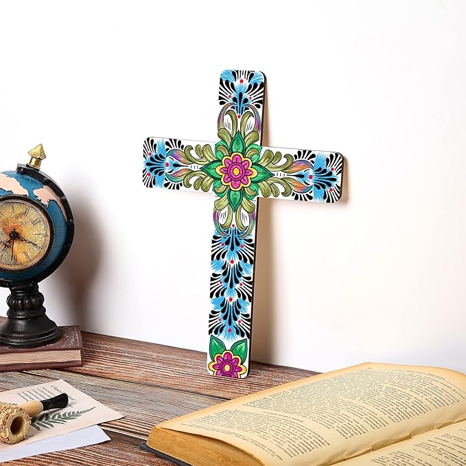 Maitys Floral Cross Wall Decor Hand Painted Decorative Inspirational Wooden Cross Mexican Art Wall Decor Mexican Crucifix for Home Room Church Decoration (Cute Style)