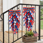 2 PCS 24'' Patriotic American Swag for Front Door 4th of July Teardrop Swags Independence Day Swags Wreath Red White Blue Flag Forsythia Flowers Hanging Swag for Memorial Day Flag Day Cabinet Decor