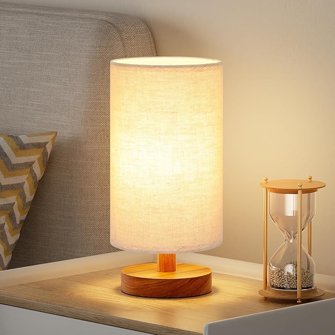Fenmzee Small Table Lamp for Bedroom - Inline Control, Bedside Lamp with 3000K A15 LED Blub, Easy Assembly (Beige Shade - Walnut Base, 9" Inline Control)