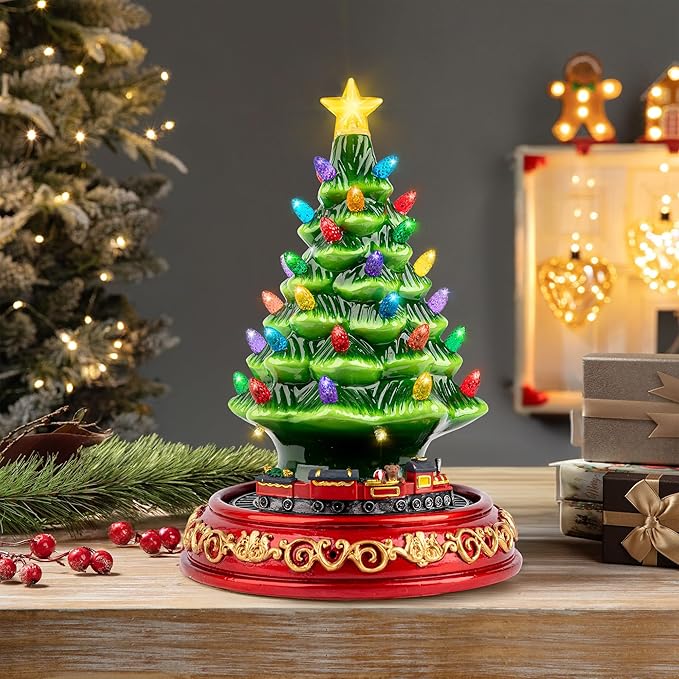 VISFLAIR Ceramic Christmas Tree with Rotating Train- Musical Christmas Tree Decorations with 38 Multicolored Lights for Home Tabletop Decor, Xmas Gift