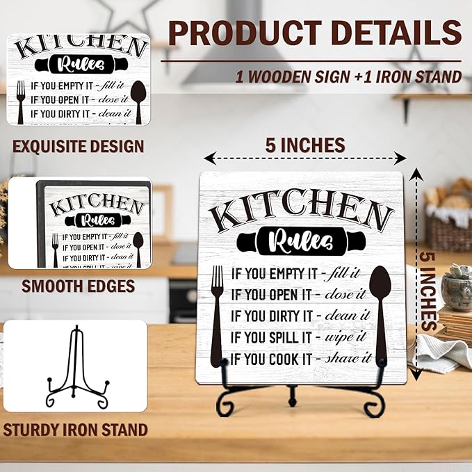 DETIHO Rustic Kitchen Sign Decor, Funny Kitchen Signs for Counter, Farmhouse Wooden Plaque With Iron Stand for Home Desk Shelf Decor - G04