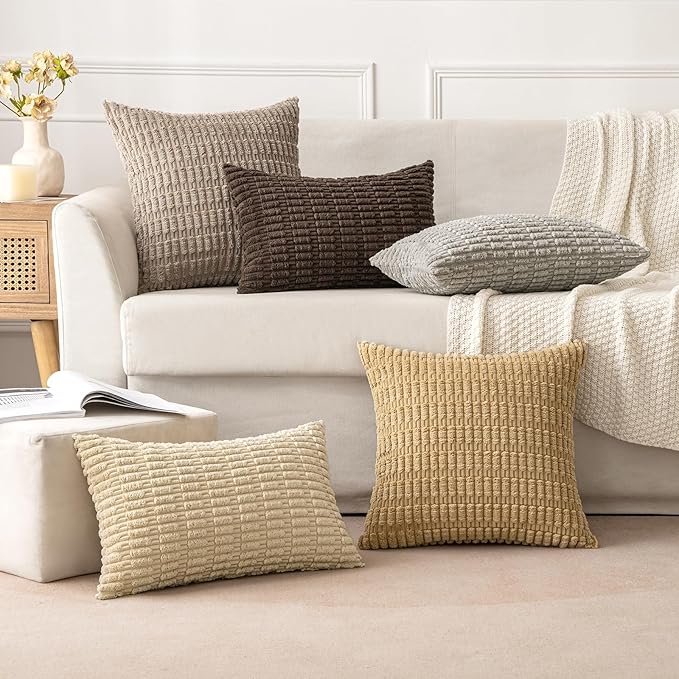 MIULEE Pack of 2 Corduroy Decorative Throw Pillow Covers 20x20 Inch Soft Boho Striped Pillow Covers Modern Farmhouse Home Decor for Sofa Living Room Couch Bed Tan