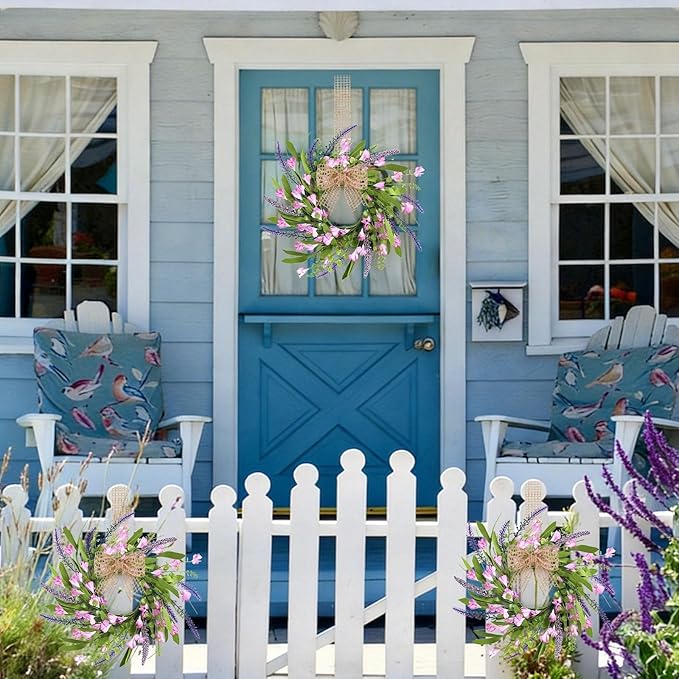 6 PCS 9'' Mini Pink Forsythia Lavender Wreath for Front Door Small Spring Kitchen Cabinet Wreaths with Burlap Ribbon Hanging Farmhouse Wreaths Artificial Greenery Wreath for Porch Wall Window Decor