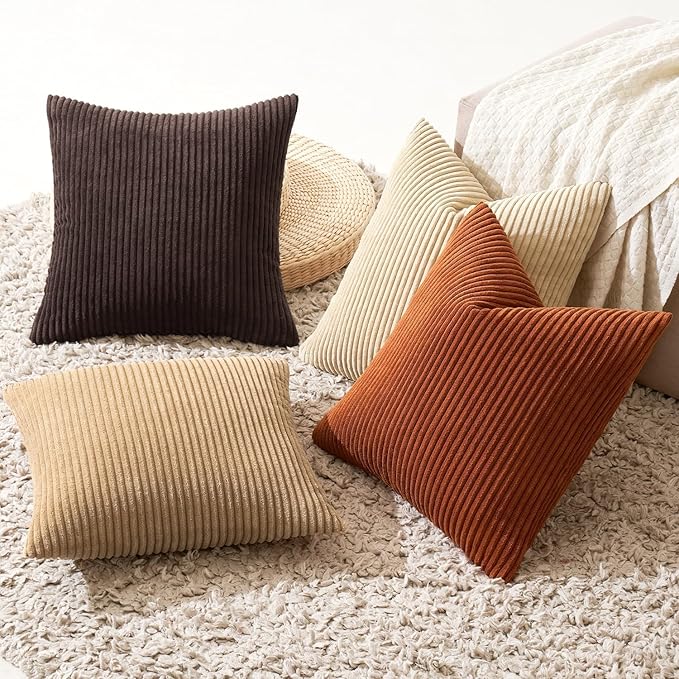 MIULEE Boho Farmhouse Throw Pillow Covers 20x20 Inch Set of 4 Rustic Mordern Neutral Cushion Covers Soft Corduroy Nordic Home Decor for Couch Bed Sofa Living Room Chocolate Brown/Rust
