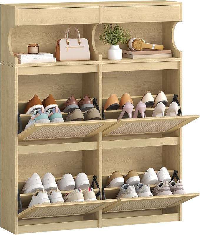 Shoe Cabinet with 4 Flip Drawers & 2 Top Drawers, Narrow Hidden Shoe Storage Cabinet for Entryway, Freestanding Shoes Organizer with Storage Space, 16-20 Pairs, for Hallway, Rattan SR57602Y