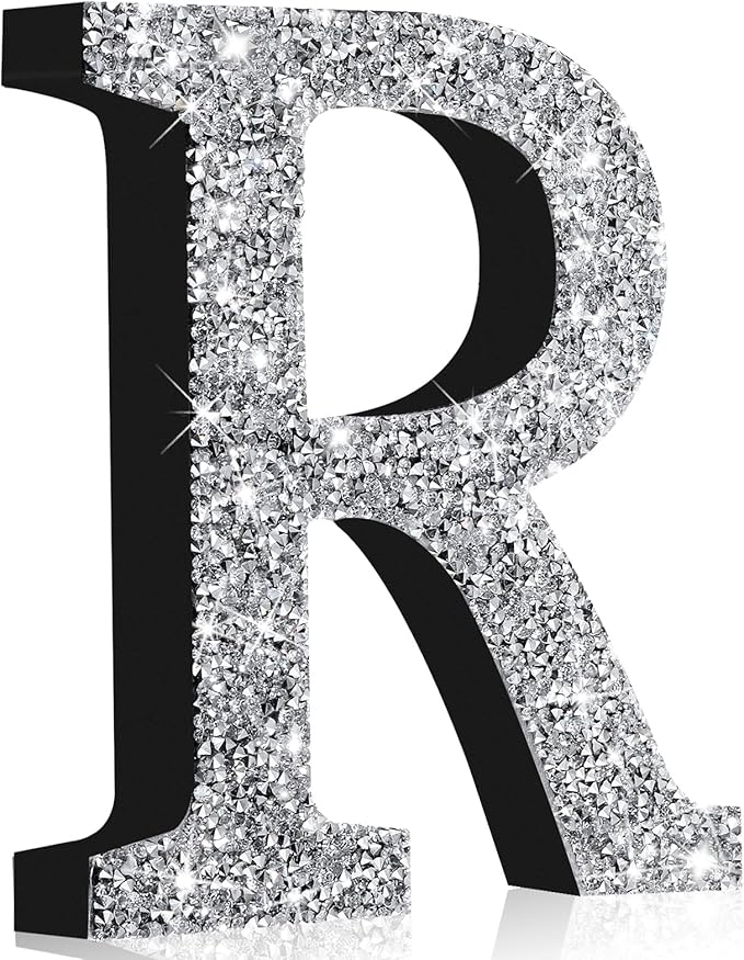Qunclay 8'' Silver Crystal Diamond Bling Letters Crushed Diamond Decoration Wooden Glitter Letter with Screw and Hooks Rhinestone Gift for Wedding Y2k Mcbling Bedroom Wall Decor (Letter R)