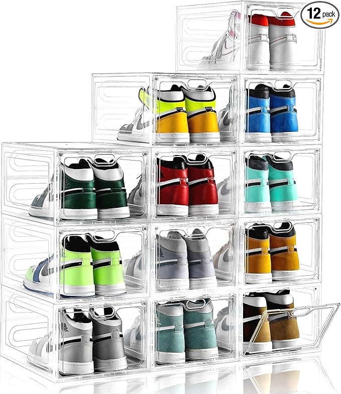 12 Pack Large Shoe Storage Box, Clear Shoe Storage Organizer with Magnetic Door, Stackable,Shoe Containers For Display Sneakers, Easy Assembly, Fit up to US Size 12, Clear
