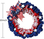 XKCL Patriotic Burlap Wreaths, 20 Inch 4th of July Wreath for Front Door Decorations Memorial Day Wreath Handcrafted American Flag Printed (Bule＆red)