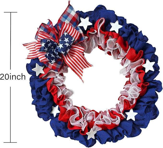 XKCL Patriotic Burlap Wreaths, 20 Inch 4th of July Wreath for Front Door Decorations Memorial Day Wreath Handcrafted American Flag Printed (Bule＆red)