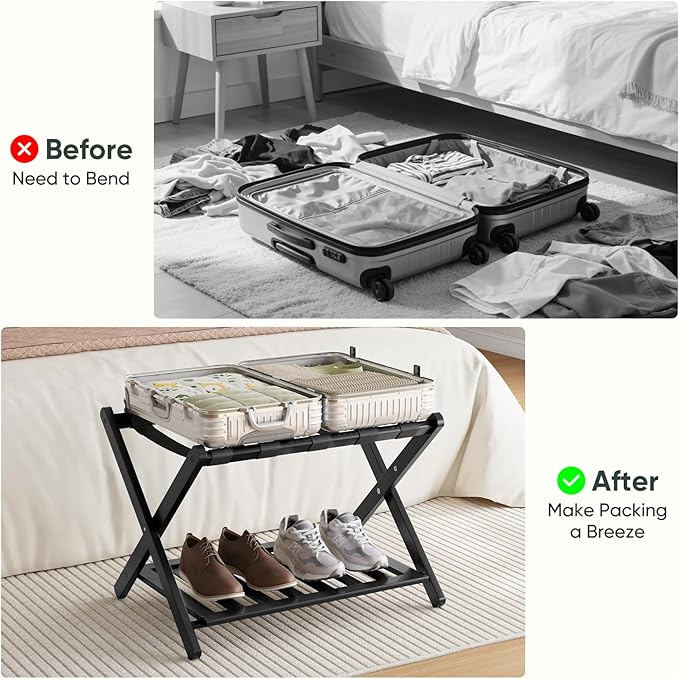 2 Packs Fully Assembled Black Bamboo Luggage Racks with Shoe Shelf, 5 Straps Folding Suitcase Stand, Heavy Duty Luggage Holders for Guest Room, Bedroom, Hotel