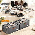 2 Pack Shoe Organizer for Closet, Foldable Shoe Storage Organizer with Clear Cover, Lable and Reinforced Handles, Space Saving Shoes Box Fits up to 20-40 Pairs, Gray