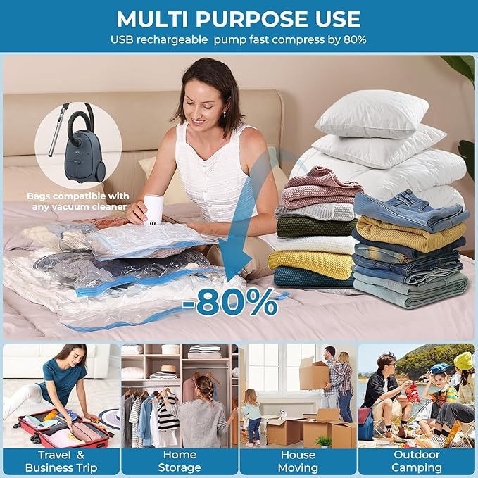 Vacuum Bags for Travel with Portable Electric Pump,12 Pack Vacuum Seal Bags for Luggage and Suitcase Compression, Space Saver Vacuum Storage Bags for Clothes and Clothing Travel