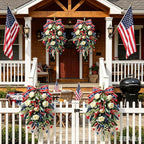 2 Pack 21'' Patriotic Teardrop Swag Wreaths for Cabinets Artificial 4th of July Swag Wreath with White Roses Red Blue Spike Flowers Eucalyptus Leaves for Independence Day Memorial Day Front Door Porch