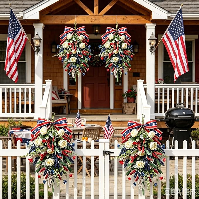 2 Pack 21'' Patriotic Teardrop Swag Wreaths for Cabinets Artificial 4th of July Swag Wreath with White Roses Red Blue Spike Flowers Eucalyptus Leaves for Independence Day Memorial Day Front Door Porch