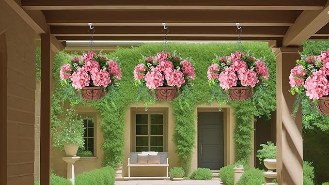 Artificial Hanging Hydrangea Flowers with Basket for Outdoor Spring Decoration, Fake Silk Hydrangea Flower Outdoor Indoor Arrangements, Fake Hanging Plants for Balcony Garden Yard Decor(Champagne)