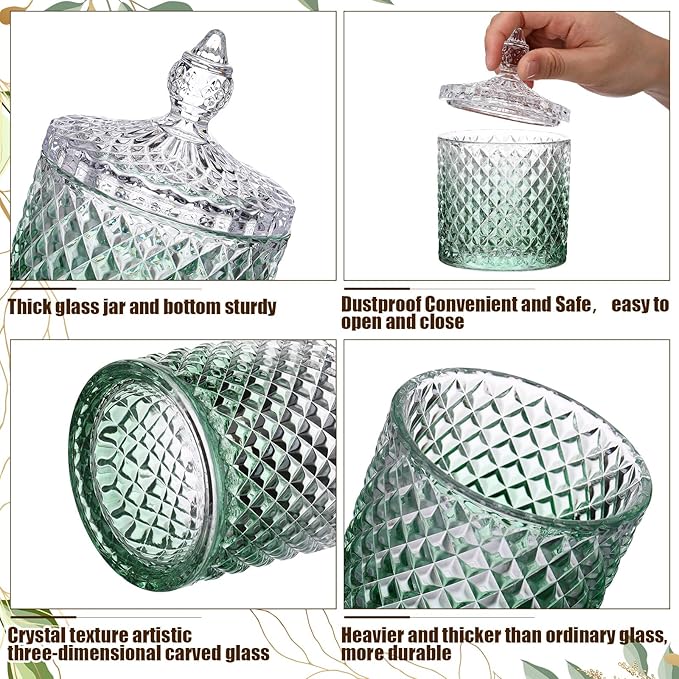 Aoriher 4 Pcs Crystal Glass Candy Jar Set with Lids Home Decorative Storage Jars for Apothecary, Bathroom, Kitchen, and Pantry, Ideal for Cotton Swabs and Jewelry (Medium,Gradient Green)