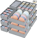 Drawer Organizer Clothes - Foldable Underwear Organizer and Sock Organizer, Bra organizer Fabric Dresser Drawer Organizer Divider for Socks, Bra, Underwear, Tie, 12 Pack, Grey