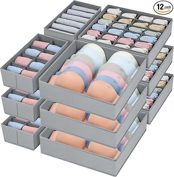 Drawer Organizer Clothes - Foldable Underwear Organizer and Sock Organizer, Bra organizer Fabric Dresser Drawer Organizer Divider for Socks, Bra, Underwear, Tie, 12 Pack, Grey