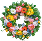 Pinkpuii Spring Wreaths for Front Door 24 Inch Vibrant Spring Summer Wreath with Peonies,Roses,Marigolds,Blueberries & Realistic Fruit Accents (Peach, Lemon)- Ideal for Porch,Entryway,Wall,Window