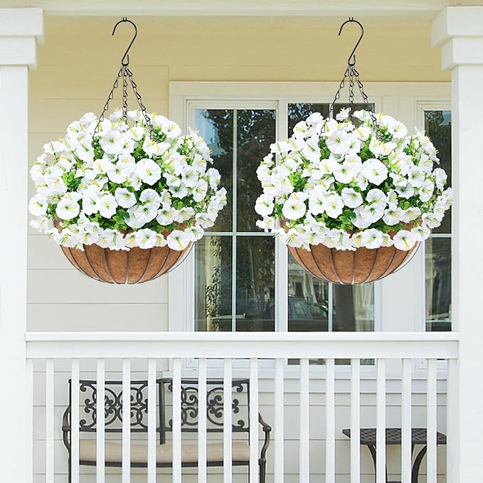 MARTINE MALL 12 Bundles Look Real Artificial Flowers for Outdoors, Realistic Fake Outdoor Flowers, UV Resistant Silk Petunia Flowers for Outside Faux Flowers Plants for Outdoor Porch, White