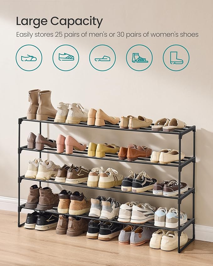 SONGMICS Shoe Rack, 4-Tier Shoe Organizer, Metal Storage Shelf, Upright or Upside Down, for 25-30 Pairs, Stackable, for Entryway, 11.8 x 46.1 x 28.4 Inches, Black ULSA034B01