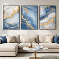 Large Framed Abstract Wall Art for Living Room, Modern Luxury 3 Piece Blue Gold White Prints Paintings for Walls, Elegant Marble Pattern Pictures for Dining Bedroom Hallway Office Home Decor 24x36 In