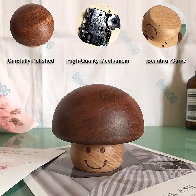 BinkeGG Play (Here Comes The Bride (Lohengrin Brautchor)) Walnut Mushroom Shaped Clockwork Music Box with Sankyo Musical Movement (65 Tunes Option)