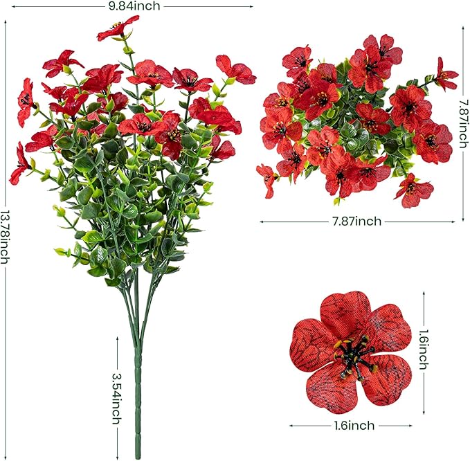 Lnoicy 20 Bundles Artificial Flowers for Outdoor Fake Plants for Spring Decoration,Faux Eucalyptus Flowers for Planter UV Resistant Lifelike for Home Porch Garden（Red）