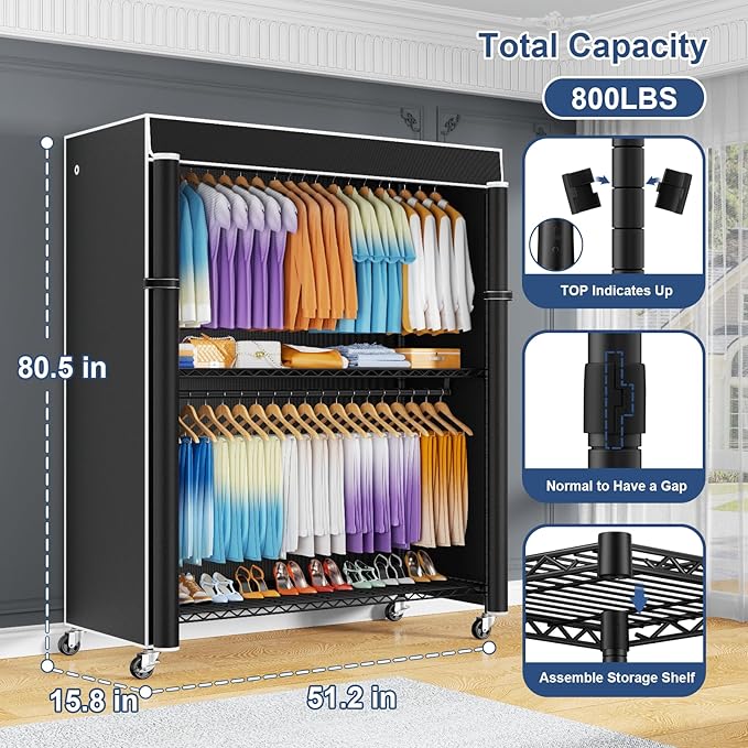 P8C Max Heavy Duty Clothes Rack（With Extended Width Design） Rolling Clothing Racks for Hanging Clothes with Lockable Wheels，51.2"W x 15.8"D x 80.5"H，Load 700LBS，Black Rack with Black Cover