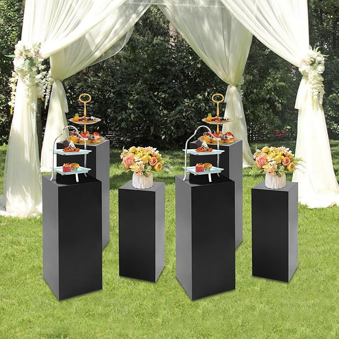 6 PCS Display Pedestal Stand, Metal Display Pedestal Stands Decoration Cube Sculpture Displays Column Square Displays Stands Pillars for Wedding Party Baby Shower Birthday (Black, 6PCS)