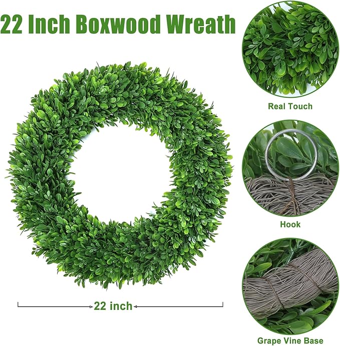 LZNPA Boxwood Wreaths for Front Door Realistic 22Inch，Spring Wreaths for Front Door Outside ，Front Door Wreath All Season，Green Wreath for Spring Farmhouse Porch Wall Wedding Room Home Decor
