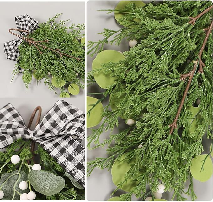 BestAlice 19.7 Inch Eucalyptus Swag with Bow, Wall Hanging Greenery Teardrop Wreath, Artificial Green Leaves Wreaths Decorative for Front Door Farmhouse Decor