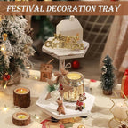 Tikea Hexagonal Wood Riser for Display, 2-Tier Wood Farmhouse Riser for Kitchen Bathroom Counter Decor, Decorative Tray for Soap Dispenser, Decorations and Plant (White)
