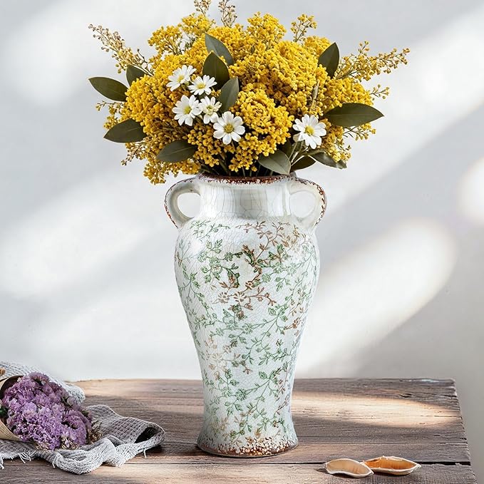 Enra Farmhouse Vintage vase with Handle,12.6 in Ceramic Chinoiserie Floral Vase,Green and Beige Decorative Flower vase,Large Rustic Vases for Home Decors, Living Room, Bookshelf, Office