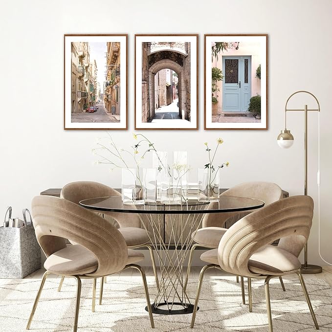 KAlRNE Vintage Cityscape Framed Canvas Painting Set of 3(16”X24”),European Street Scenery Wall Decor,Framed Rustic Mediterranean Wall art,Texture Alleyway Beige Art Prints For Living Room Bedroom