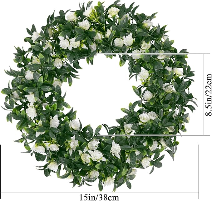 SHACOS Greenery Wreath 15" Artificial Front Door Wreaths Green Wreath with White Flowers for Home Wall Window Farmhouse Decoration 100% Plastic Indoor Outdoor