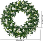 SHACOS Greenery Wreath 15" Artificial Front Door Wreaths Green Wreath with White Flowers for Home Wall Window Farmhouse Decoration 100% Plastic Indoor Outdoor