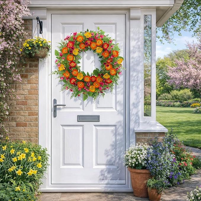 Spring Summer Wreaths for Front Door,22 Inch Artificial Spring Summer Poppy Flower Wreath with Wildflowers,Eucalyptus Leaves for Indoor Outdoor Wall Porch Festival Farmhouse Home Holiday Decor.