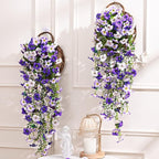 Waipfaru Artificial Petunias Flowers for Outdoors, 4 Pcs UV Resistant Fake Hanging Plants Spring Outside Decor, Faux Silk Flowers Long Trailing Vines for Outdoor Planters Porch Garden (Purple White)