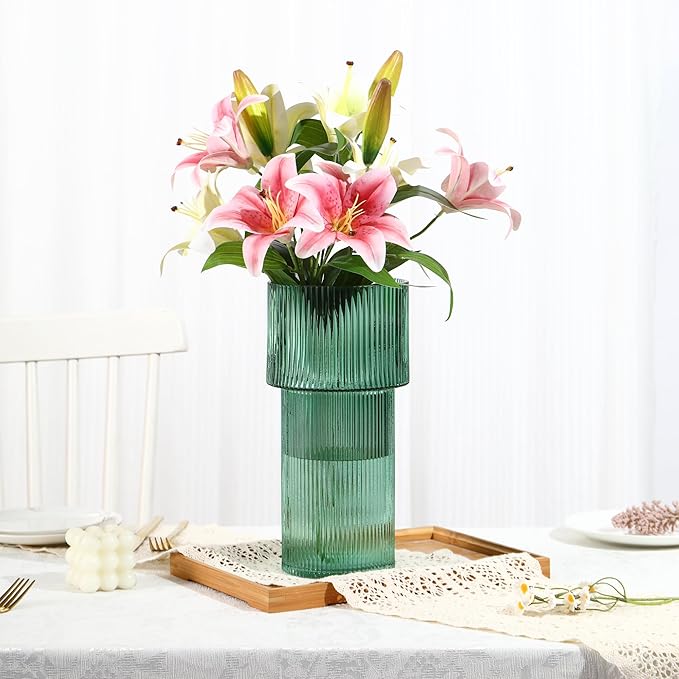 Large Glass Vase, 12 Inches Tall Vase for Flowers, Green Flower Vases for Bouquet, Modern Green Glass Vases for Living Room, Dining Table, Office, Entryway, Mantle, Shelf, Wedding Gifts