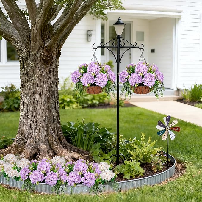 Artificial Flowers in Hanging Basket Planter for Home Spring Summer Decoration, Silk Hydrangea Outdoor Indoor Arrangements, 12" Metal Coconut Lining Basket with Faux Plant(Light Purple)