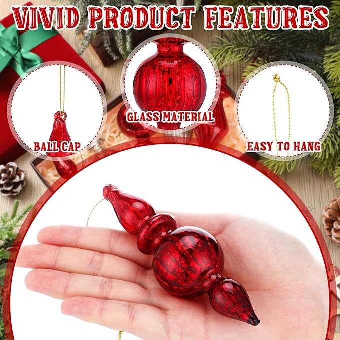 Mifoci 8 Pcs 6 Inch Mercury Glass Finial Christmas Ornaments Hanging Christmas Finials Glass Ornaments Assorted Mercury Decor for Vintage Holiday Xmas Tree Decoration(Red, Silver)