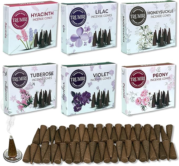 TRUMIRI Blossom Incense Cones - Variety Pack - Total 60 Cone Incense (6 Scents x 10 Conos) - Peony, Lilac, Violet, Honeysuckle, Hyacinth, Tuberose - Cone Incense Scents - Insense Cones - Incent Cone