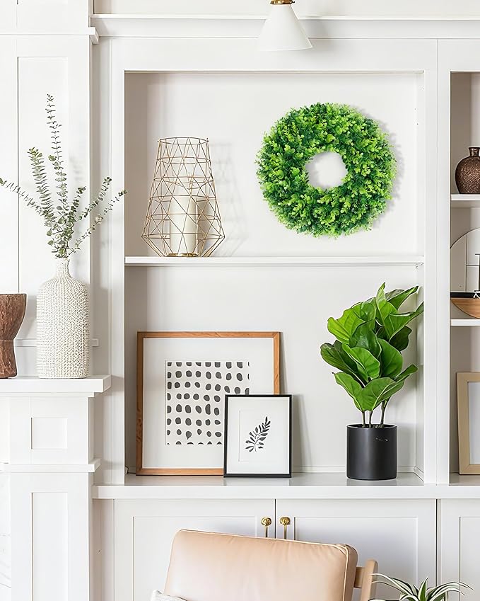 DDHS 16-18in Small Boxwood Wreath for Front Door – Artificial Green Farmhouse Wreath, Spring Summer Fall Winter DIY Decor, for Indoor Outdoor Year-Round Wedding Home Decorations