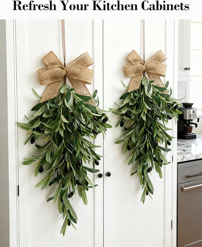 2 PCS Artificial Olive Teardrop Swag 23.6 Inch Large Faux Greenery Olive Branch Swag with UV Resistant Coating, Burlap Bow for Front Door Kitchen Cabinet Wall Lush Farmhouse All Seasons Decor
