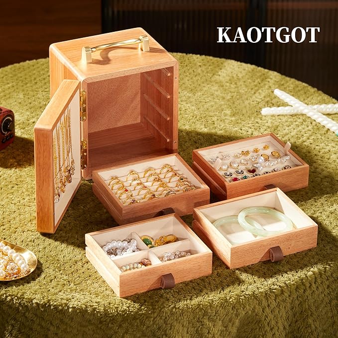 Wooden Jewelry Box for Women 4 Tier Walnut Wooden Jewelry Box with handle (White Deer Print A)
