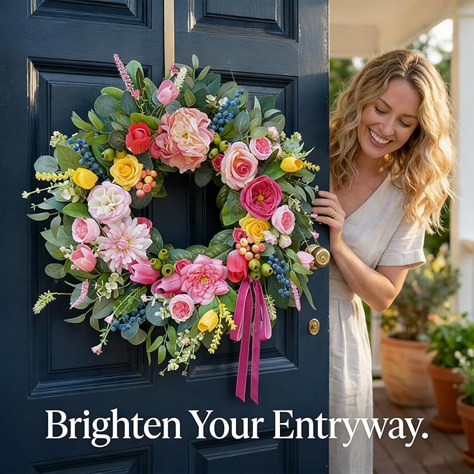 24 Inch Summer Wreaths for Front Door, Handcrafted Summer Wreath with Luxury Dahlias, Peony, Tulips & Roses, Summer Door Wreath for Holiday Farmhouse Indoor Outdoor Wall Home Decor