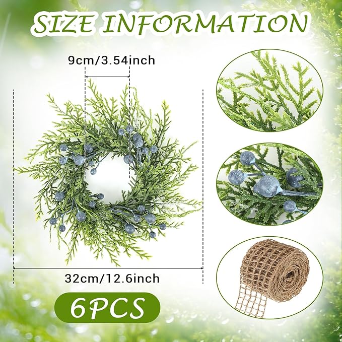 6 PCS Small Spring Summer Blue Berry Cabinet Wreath Artificial Mini Kitchen Wreaths Vintage Swags Wreath with Retro Burlap Ribbon for Farmhouse Rustic Home Front Door Window Pillar Wedding Chair Wall