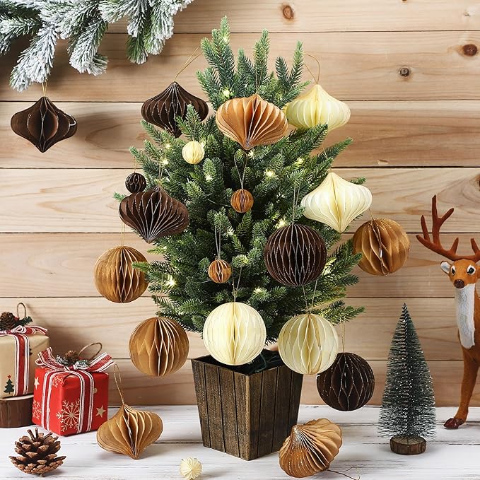 TecUnite 50 Pcs Christmas Paper Honeycomb Ornaments for Tree Vintage 3D Mini Glitter Edge Paper Christmas Ornament Honeycomb Tree Hanging Neutral Boho Holiday Xmas Party Decoration(Brown)